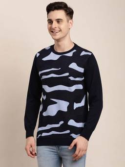 Turtle - Men Knitted Navy Printed Round Neck Sweater
