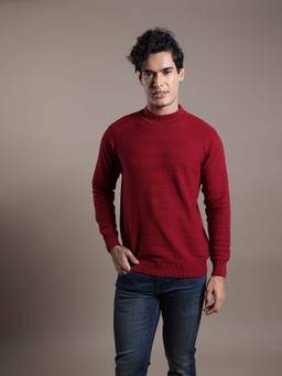 Turtle - Men Knitted Red Self Design Round Neck Sweater