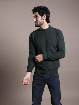 Turtle - Men Knitted Dark Green Self Design Round Neck Sweater