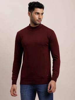 Turtle - Men Knitted Maroon Solid High Neck Sweater