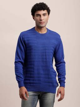Turtle - Men Knitted Blue Self Design Round Neck Sweater