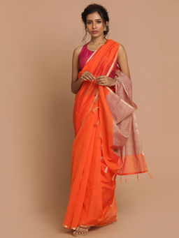 Indethnic - Banarasi Rust Solid Daily Wear Saree With Unstitched Blouse