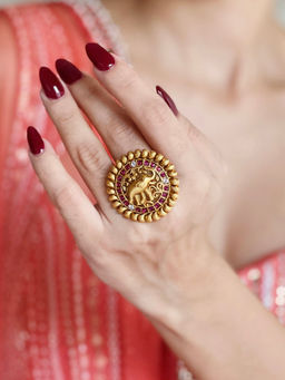Azai by Nykaa Fashion - Statement Gold & Red Elephant Motif Ring