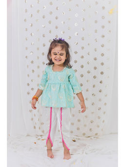 Tiny Pants - Turquoise Peplum with Tulip Kurta with Dhoti (Set of 2)
