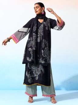 Bani Women - Women'S Black Floral Print Muslin Kurta with Palazzo and Dupatta (Set of 3)