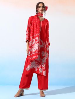 Bani Women - Women'S Red Floral Print Muslin Kurta with Palazzo and Dupatta (Set of 3)