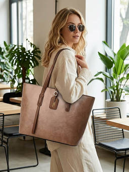 ZELION - Women Beige Pu Leather Tote Bag