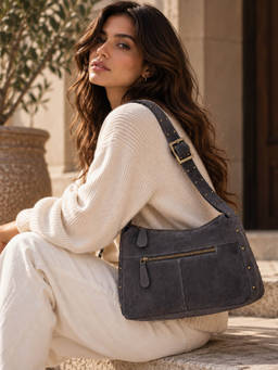 SILVIANO - Women Bergamo Grey Suede Leather Structured Shoulder Bag