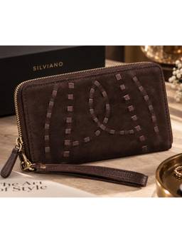 SILVIANO - Women Firenze Chocolate Brown Suede Woven Leather Zip Around Wallet (L)