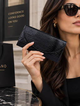 SILVIANO - Women Como Black Glossy Reptile Embossed Leather Wallet (M)