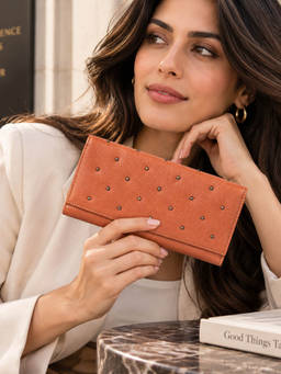 SILVIANO - Women Lucca Tan Studded Soft Leather Continental Wallet (M)