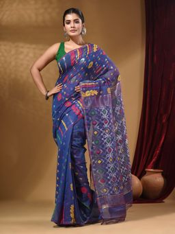 Arhi - Azure Blue Cotton Handwoven jamdhani Saree with Multicolor Floral Designs and Motifs