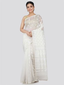 PinkLoom - Women's Soft Cotton Blend Jamdani Saree Without Blouse Piece,White
