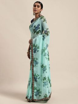 Vastranand - Turquoise Blue Floral Sequinned Saree with Unstitched Blouse