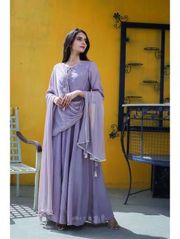 Mangalmay By Aastha - Lavender Chiffon Tie Up Neck Solid Dresss and Dupatta
