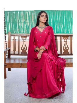 Mangalmay By Aastha - Magenta Chiffon V-Neck Floral Dresss and Dupatta
