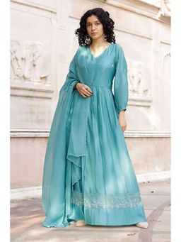 Mangalmay By Aastha - Teal Organza V-Neck Floral Dresss and Dupatta