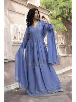 Mangalmay By Aastha - Blue Organza V-Neck Floral Dresss and Dupatta