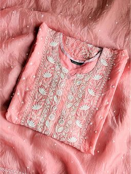 The Chikan Label - Hania Satin Organza Semi- Stitched Kurti Piece With Dupatta - Peach