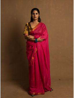 Huts and Looms - Handloom Fuchsia Pink Cotton Saree with Gold Border without Blouse