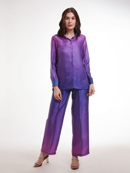 Odette - Women Blue and Purple Satin Ombre Printed Co-Ord (Set of 2)