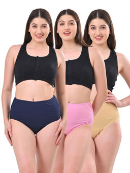 Adira - High Waisted Pink Beige & Navy Blue Briefs (Pack of 3)