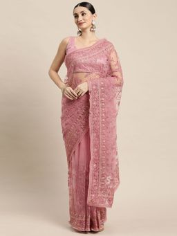 VAIRAGEE - Pink Floral Embroidered Net Saree with Unstitched Blouse