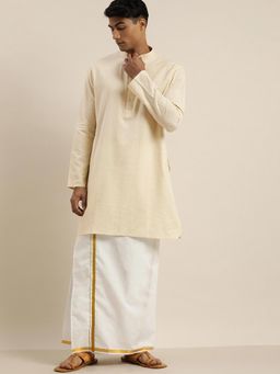 Vastramay - Mens Cream & White Cotton Short Kurta with Mundu (Set of 2)