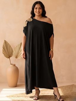 AAREIN - Black Embroidered One-Shoulder Kaftan Maxi Dress