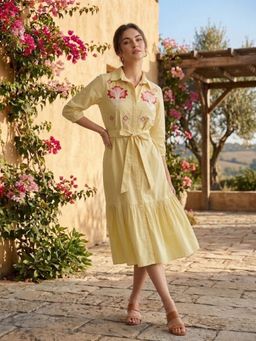 AAREIN - Yellow Embroidered Cotton Shirt Dress with Belt