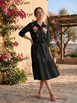 AAREIN - Black Embroidered Cotton Shirt Dress with Belt