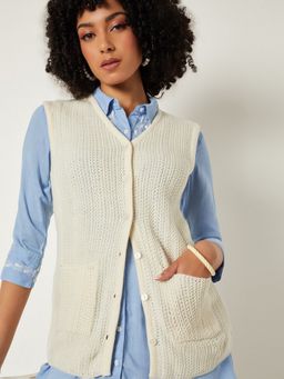 max - Women Off White Knit Cardigan