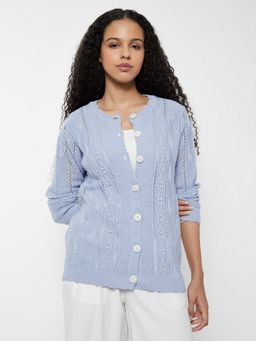 max - Women Blue Jacquard Pearl Embellished Cardigan