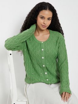 max - Women Green Jacquard Embellished Cardigan