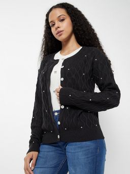 max - Women Black Jacquard Embellished Cardigan