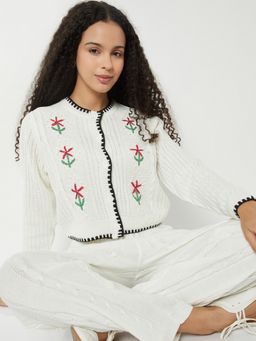 max - Women Off White Floral Embroidered Cardigan