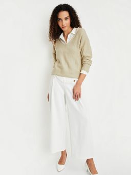 max - Women Beige Sequinned Sweater