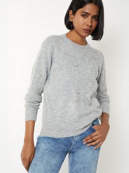 max - Women Grey Embellished Sweater