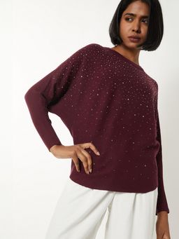 max - Women Maroon Embellished Sweater