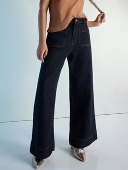 DILLINGER - Navy Blue Womens Wide Leg Patch Pocket Denim Jeans