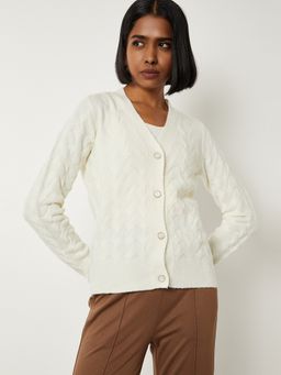 max - Women Off White Cable Knit Cardigan