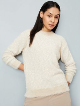 max - Women Beige Knitted Plush Sweater