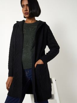 max - Women Knit Hooded Black Cardigan