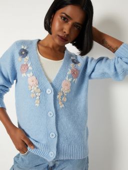 max - Women Blue Floral Embroidered Cardigan