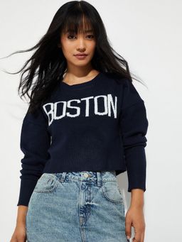 max - ALAYA F x URB_N Knit Women Navy Blue Crop Sweater