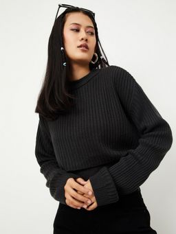max - Women Grey Ribbed Layered Sweater