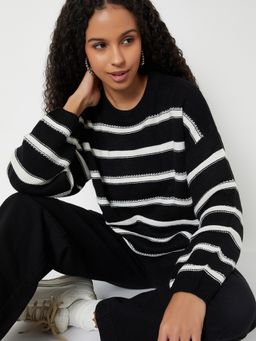 max - Women Black Striped Fit Sweater