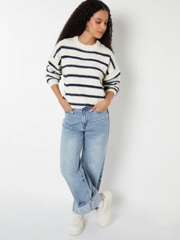 max - Women Cream Striped Fit Sweater