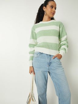 max - Women Green Fit Striped Sweater