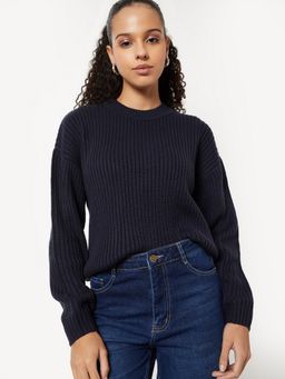 max - Women Navy Blue Knit Sweater